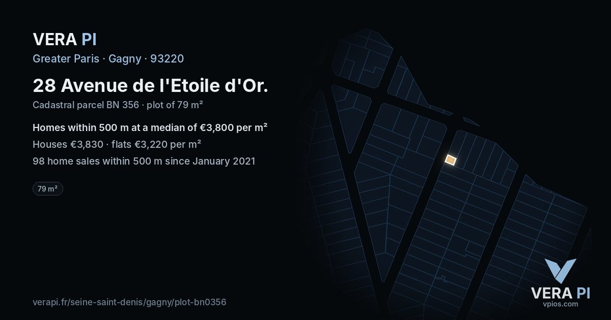 28 Avenue de l'Etoile d'Or, Gagny at night – the plot lit, the parcels around coloured by the prices near them