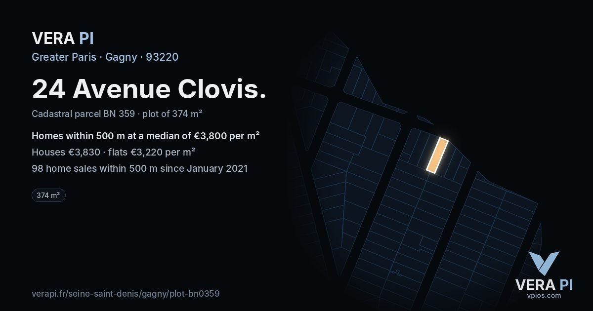 24 Avenue Clovis, Gagny at night – the plot lit, the parcels around coloured by the prices near them