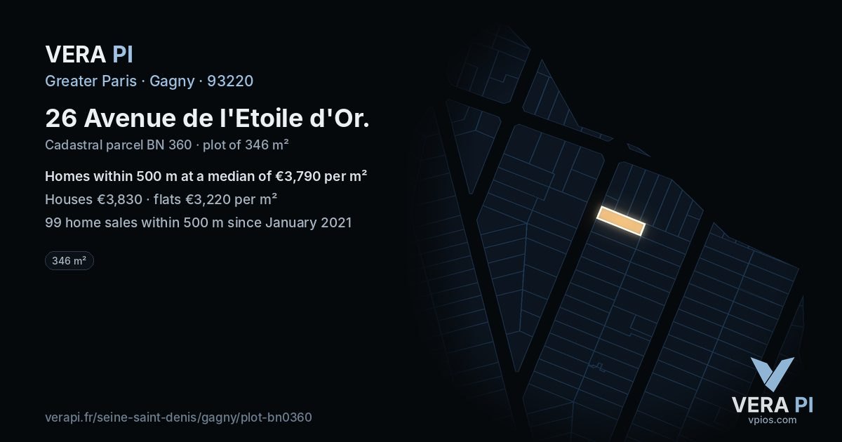 26 Avenue de l'Etoile d'Or, Gagny at night – the plot lit, the parcels around coloured by the prices near them