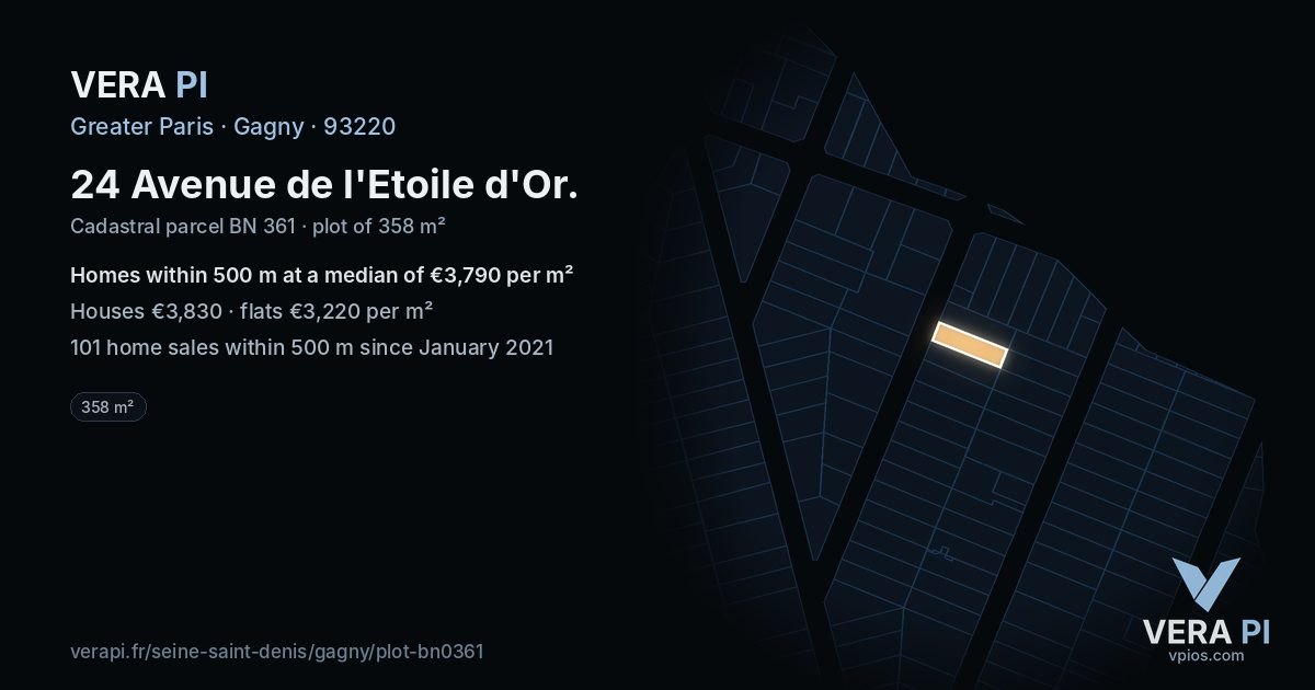 24 Avenue de l'Etoile d'Or, Gagny at night – the plot lit, the parcels around coloured by the prices near them
