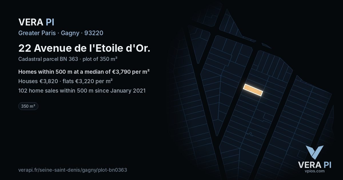 22 Avenue de l'Etoile d'Or, Gagny at night – the plot lit, the parcels around coloured by the prices near them