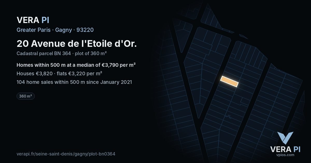 20 Avenue de l'Etoile d'Or, Gagny at night – the plot lit, the parcels around coloured by the prices near them