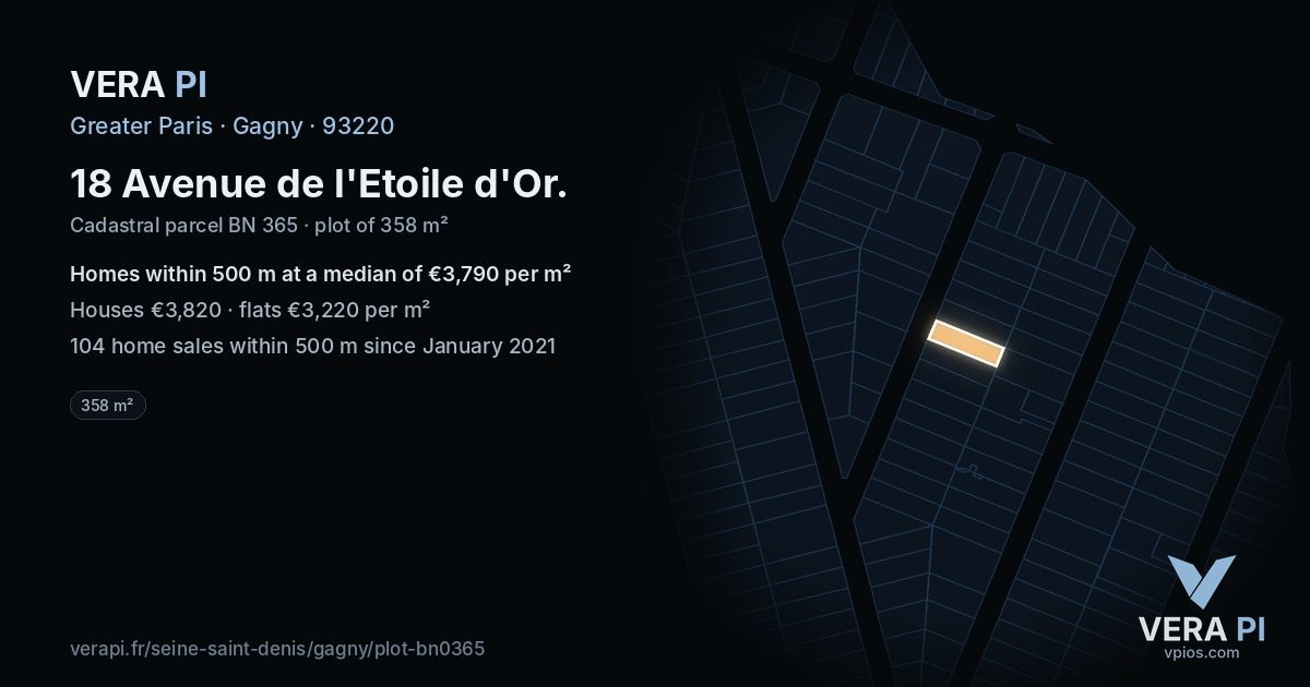 18 Avenue de l'Etoile d'Or, Gagny at night – the plot lit, the parcels around coloured by the prices near them