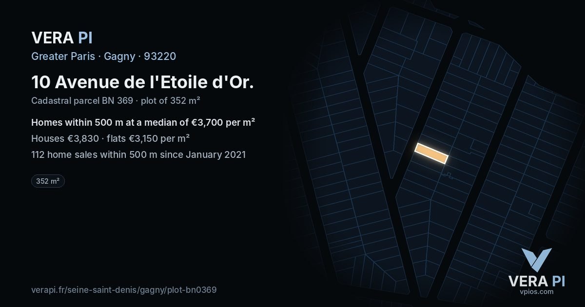10 Avenue de l'Etoile d'Or, Gagny at night – the plot lit, the parcels around coloured by the prices near them