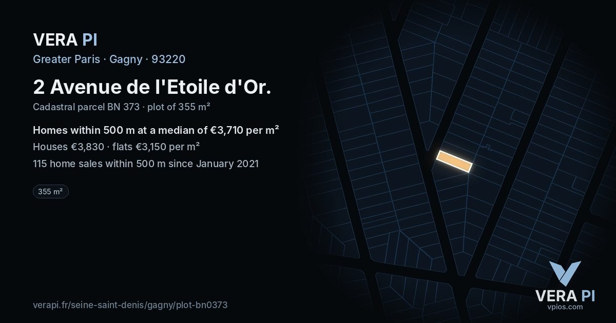 2 Avenue de l'Etoile d'Or, Gagny at night – the plot lit, the parcels around coloured by the prices near them