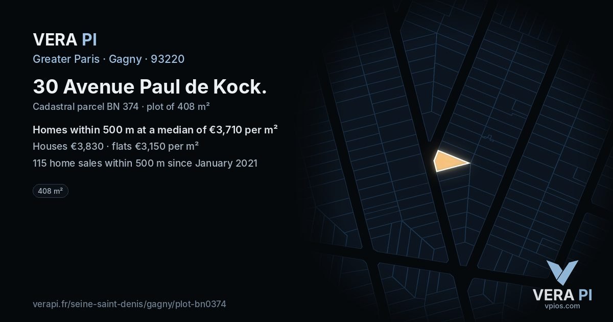 30 Avenue Paul de Kock, Gagny at night – the plot lit, the parcels around coloured by the prices near them