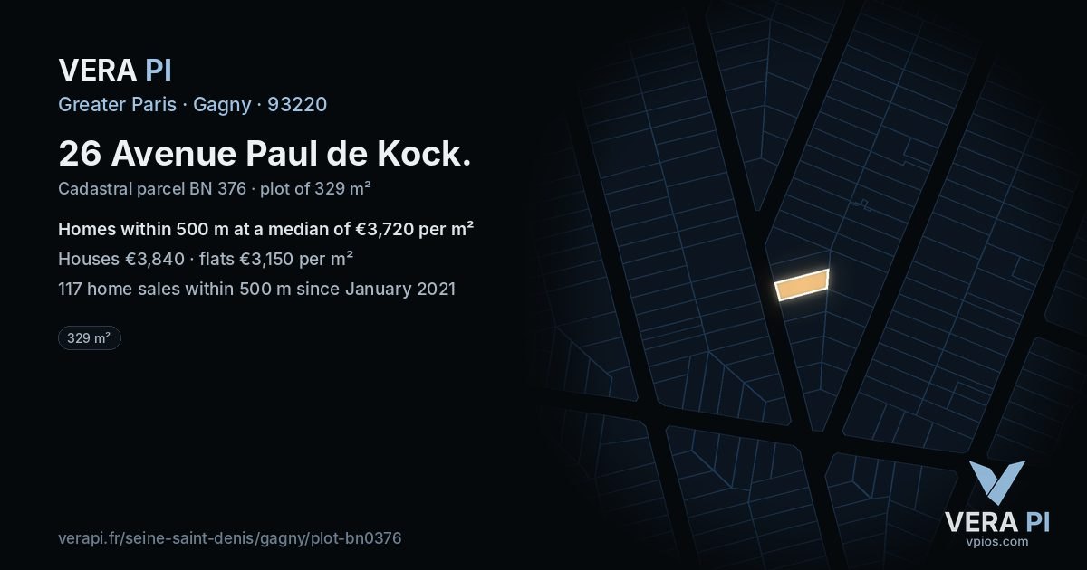 26 Avenue Paul de Kock, Gagny at night – the plot lit, the parcels around coloured by the prices near them