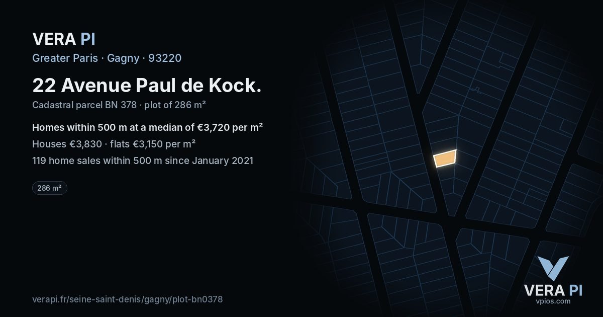 22 Avenue Paul de Kock, Gagny at night – the plot lit, the parcels around coloured by the prices near them