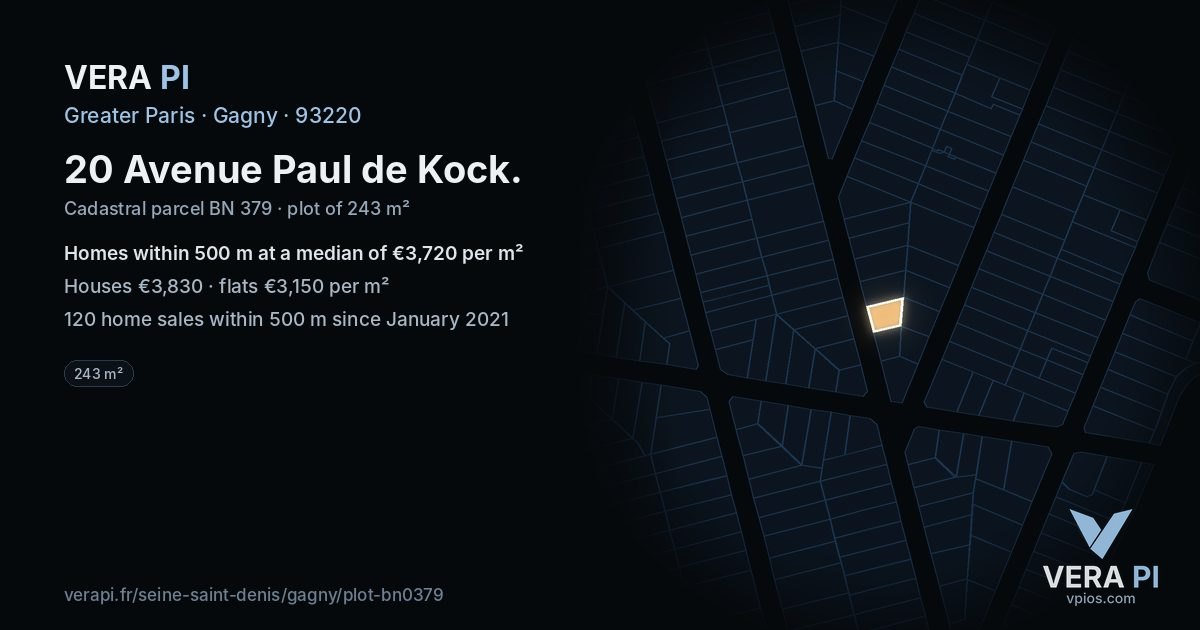 20 Avenue Paul de Kock, Gagny at night – the plot lit, the parcels around coloured by the prices near them