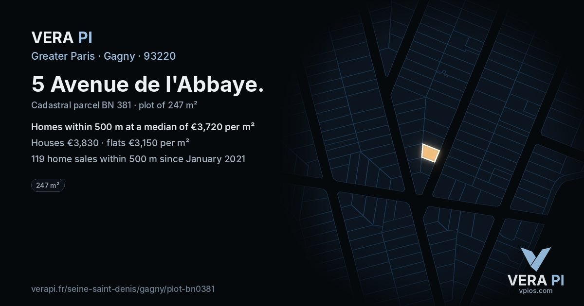 5 Avenue de l'Abbaye, Gagny at night – the plot lit, the parcels around coloured by the prices near them