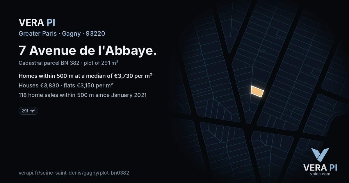 7 Avenue de l'Abbaye, Gagny at night – the plot lit, the parcels around coloured by the prices near them