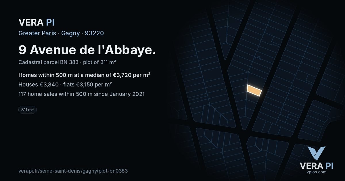 9 Avenue de l'Abbaye, Gagny at night – the plot lit, the parcels around coloured by the prices near them