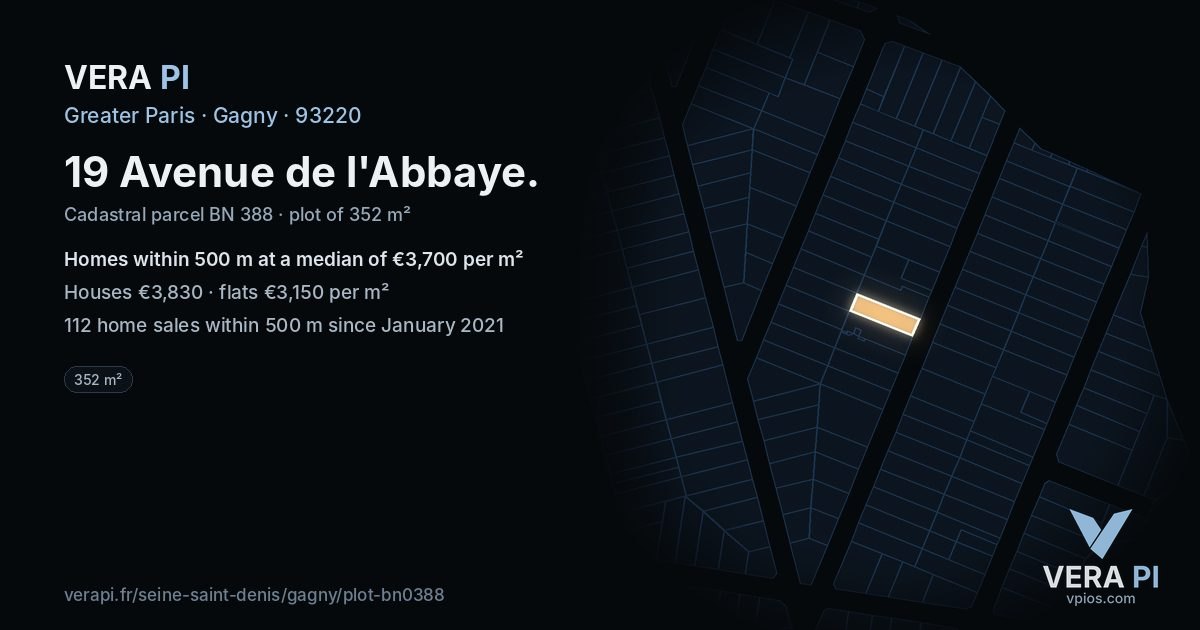 19 Avenue de l'Abbaye, Gagny at night – the plot lit, the parcels around coloured by the prices near them