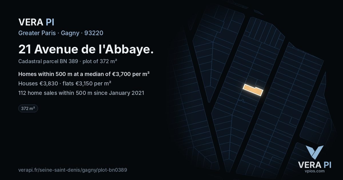 21 Avenue de l'Abbaye, Gagny at night – the plot lit, the parcels around coloured by the prices near them