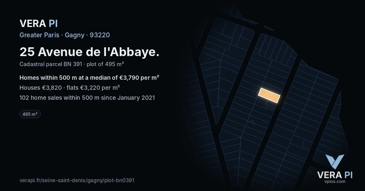 25 Avenue de l'Abbaye, Gagny at night – the plot lit, the parcels around coloured by the prices near them