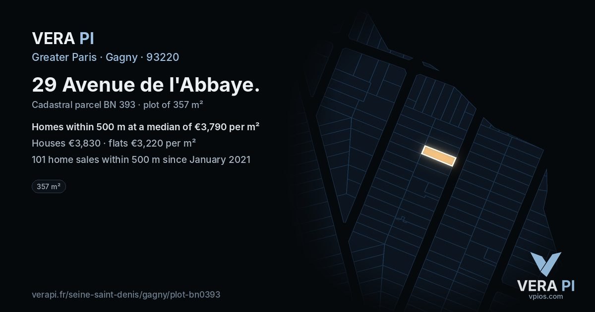 29 Avenue de l'Abbaye, Gagny at night – the plot lit, the parcels around coloured by the prices near them