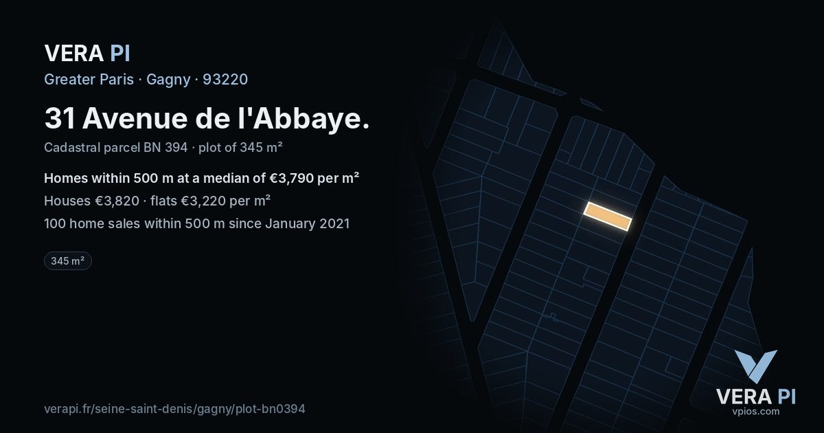 31 Avenue de l'Abbaye, Gagny at night – the plot lit, the parcels around coloured by the prices near them