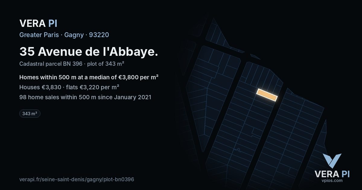 35 Avenue de l'Abbaye, Gagny at night – the plot lit, the parcels around coloured by the prices near them
