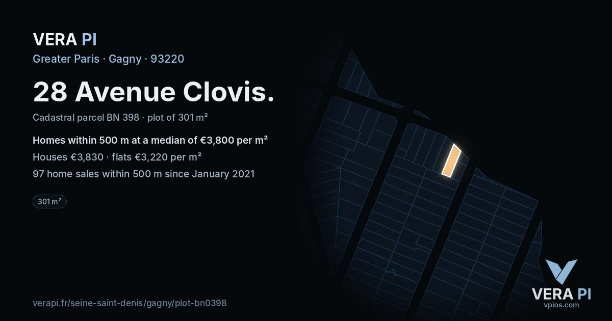 28 Avenue Clovis, Gagny at night – the plot lit, the parcels around coloured by the prices near them
