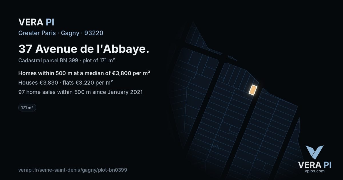 37 Avenue de l'Abbaye, Gagny at night – the plot lit, the parcels around coloured by the prices near them