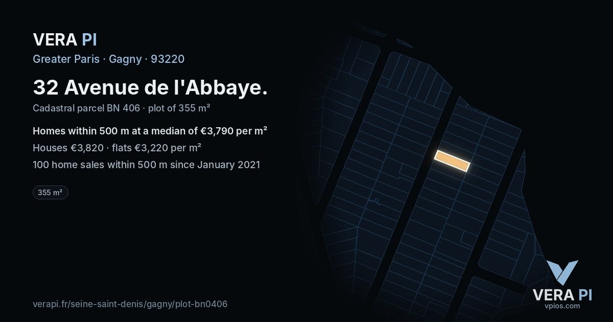 32 Avenue de l'Abbaye, Gagny at night – the plot lit, the parcels around coloured by the prices near them