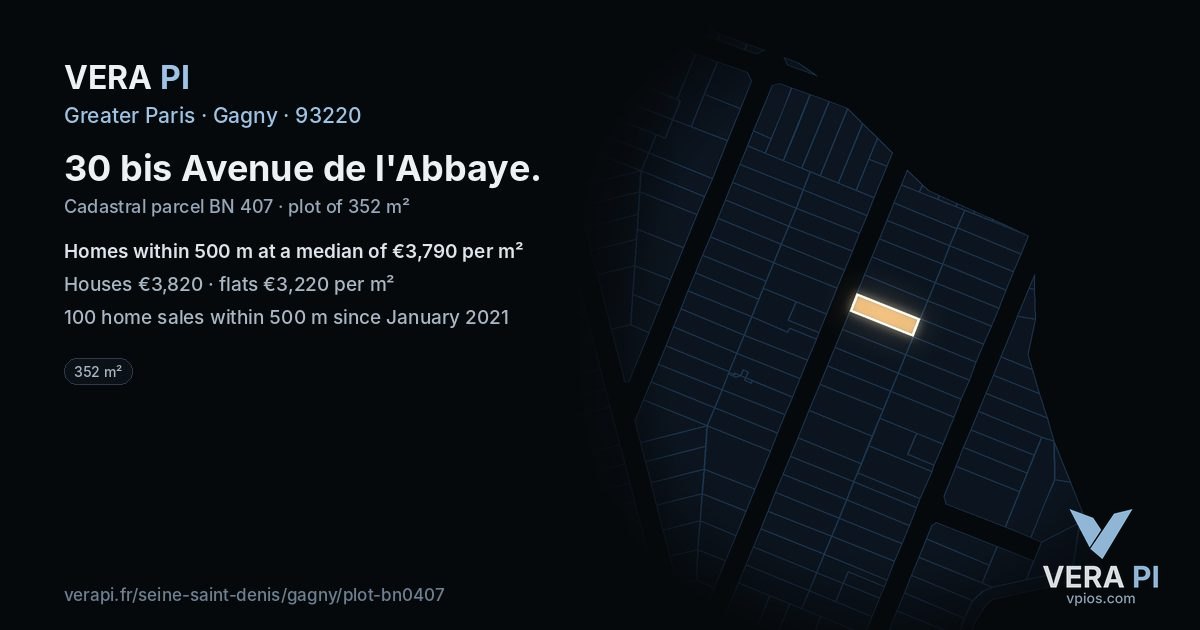 30 bis Avenue de l'Abbaye, Gagny at night – the plot lit, the parcels around coloured by the prices near them
