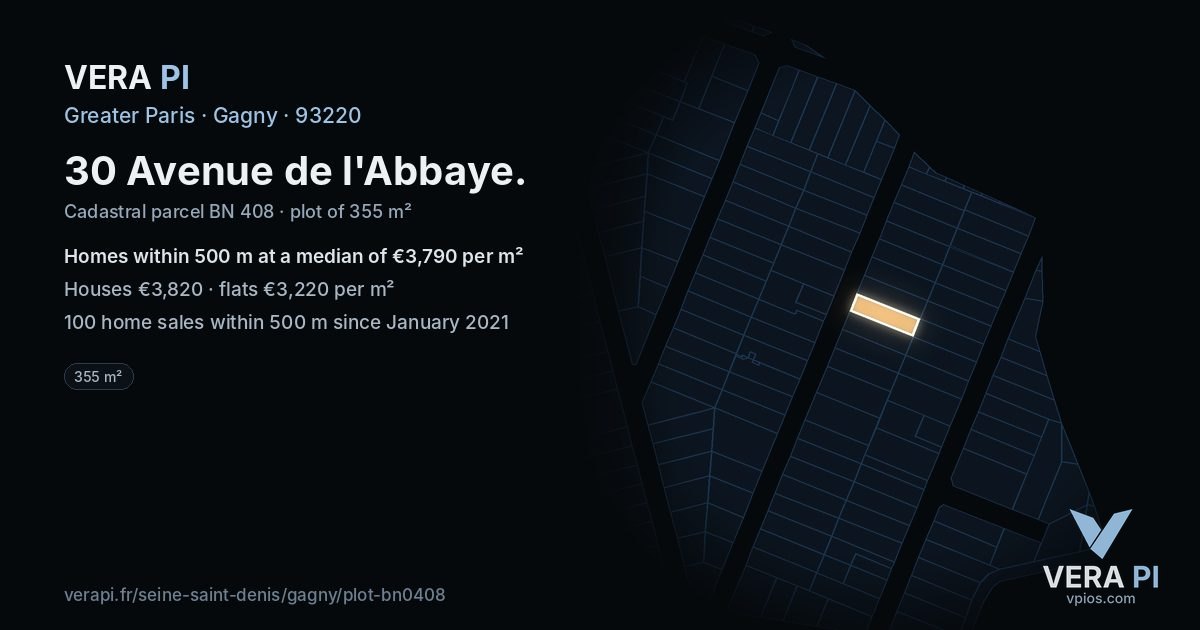 30 Avenue de l'Abbaye, Gagny at night – the plot lit, the parcels around coloured by the prices near them