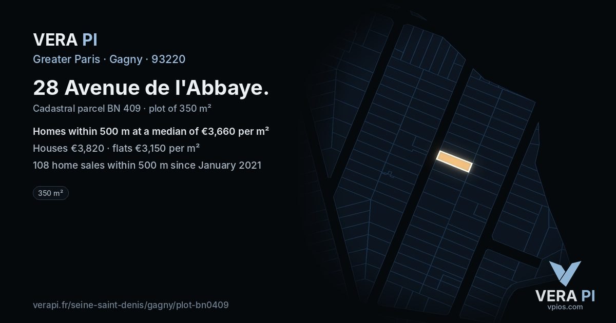 28 Avenue de l'Abbaye, Gagny at night – the plot lit, the parcels around coloured by the prices near them