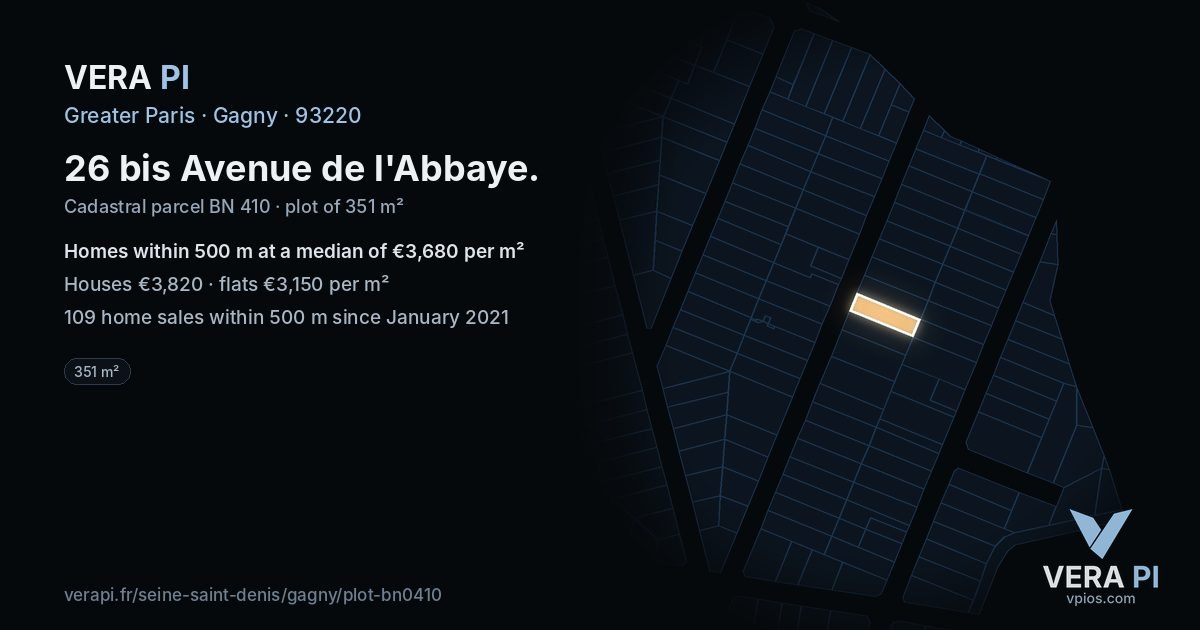 26 bis Avenue de l'Abbaye, Gagny at night – the plot lit, the parcels around coloured by the prices near them
