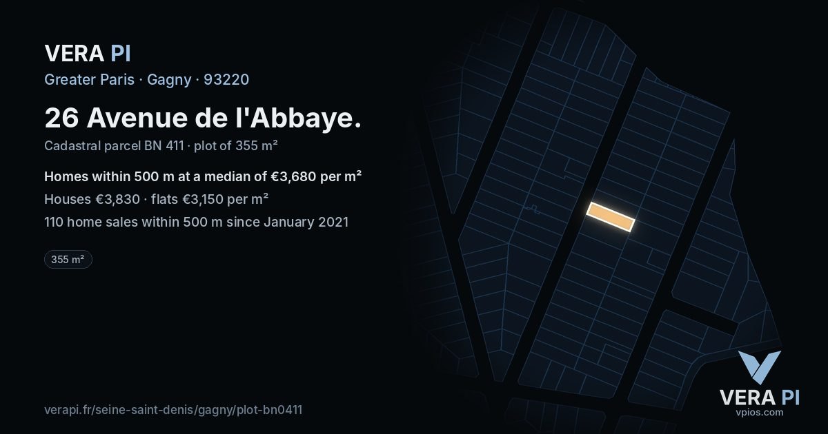 26 Avenue de l'Abbaye, Gagny at night – the plot lit, the parcels around coloured by the prices near them
