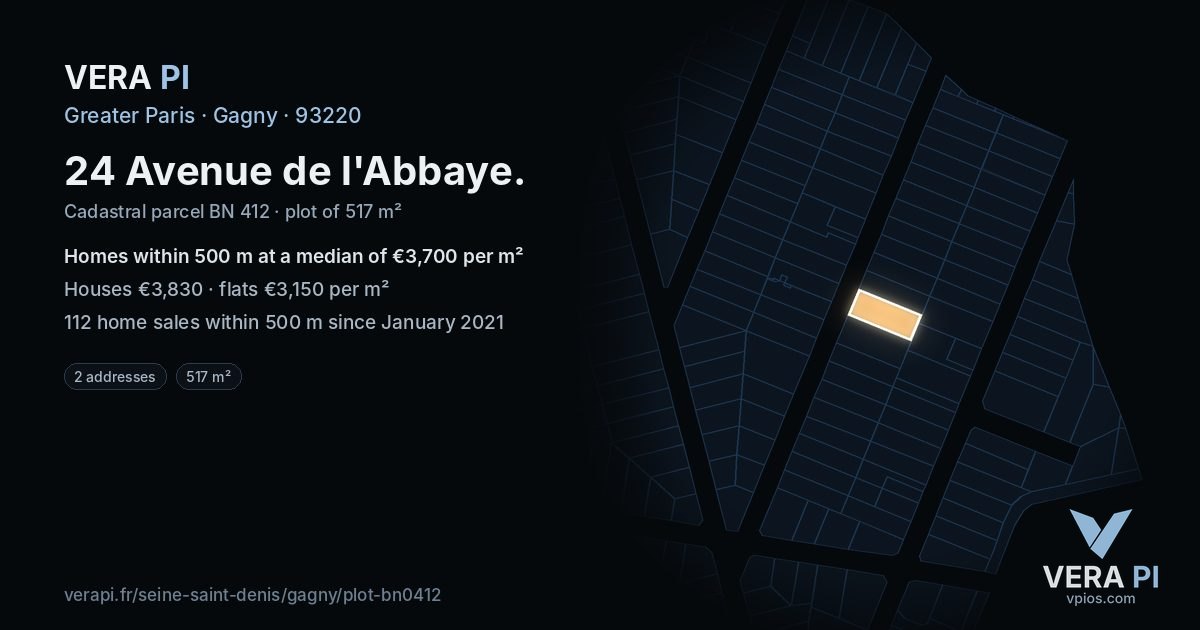 24 Avenue de l'Abbaye, Gagny at night – the plot lit, the parcels around coloured by the prices near them