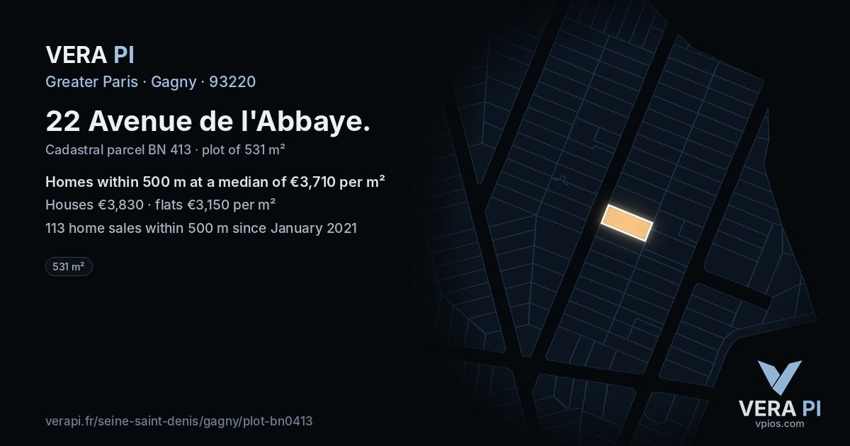 22 Avenue de l'Abbaye, Gagny at night – the plot lit, the parcels around coloured by the prices near them