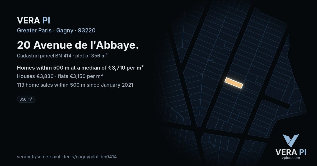 20 Avenue de l'Abbaye, Gagny at night – the plot lit, the parcels around coloured by the prices near them