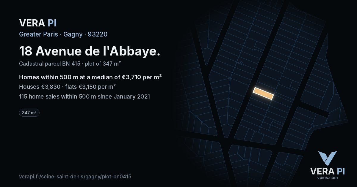 18 Avenue de l'Abbaye, Gagny at night – the plot lit, the parcels around coloured by the prices near them