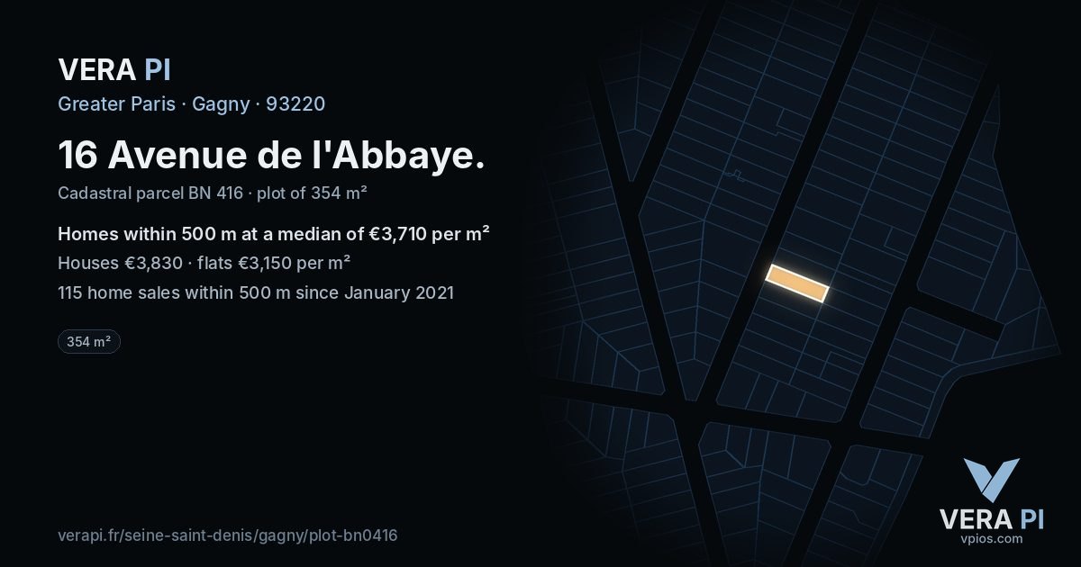 16 Avenue de l'Abbaye, Gagny at night – the plot lit, the parcels around coloured by the prices near them