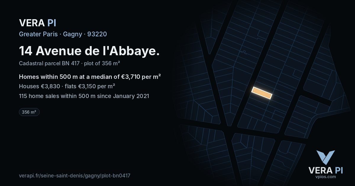 14 Avenue de l'Abbaye, Gagny at night – the plot lit, the parcels around coloured by the prices near them