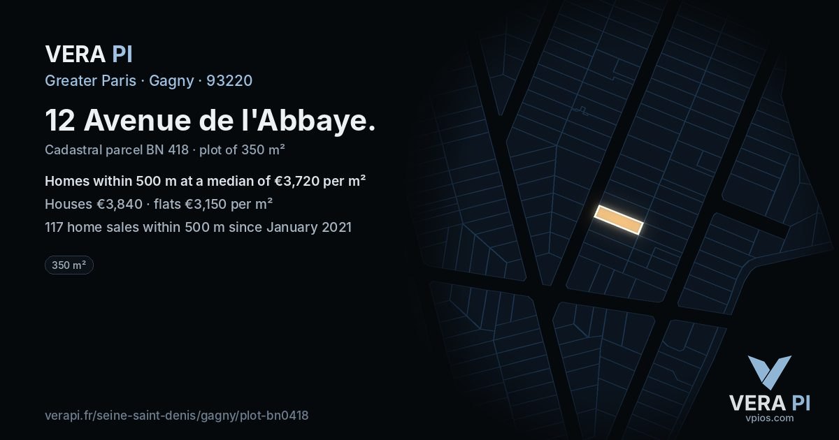 12 Avenue de l'Abbaye, Gagny at night – the plot lit, the parcels around coloured by the prices near them