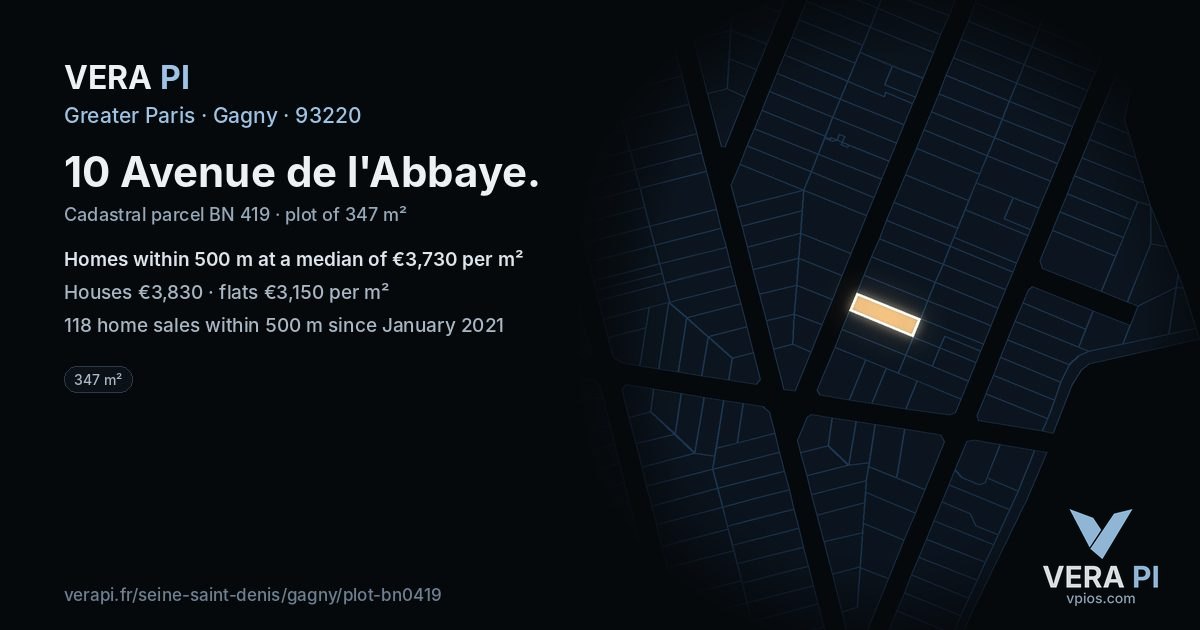 10 Avenue de l'Abbaye, Gagny at night – the plot lit, the parcels around coloured by the prices near them