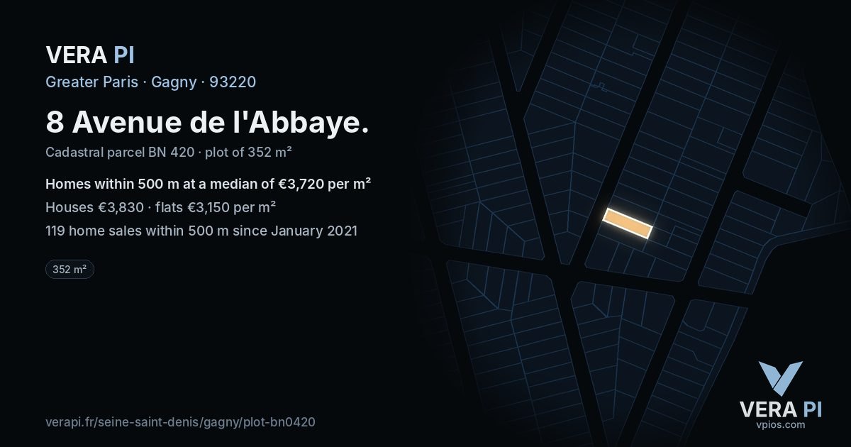 8 Avenue de l'Abbaye, Gagny at night – the plot lit, the parcels around coloured by the prices near them