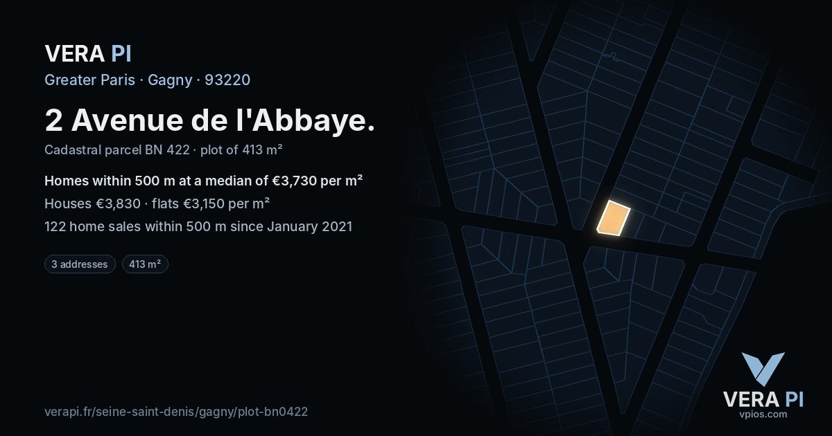 2 Avenue de l'Abbaye, Gagny at night – the plot lit, the parcels around coloured by the prices near them