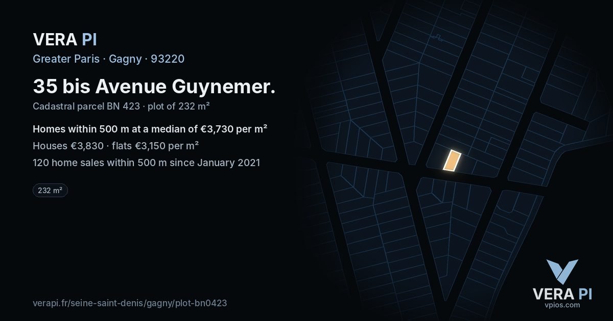 35 bis Avenue Guynemer, Gagny at night – the plot lit, the parcels around coloured by the prices near them