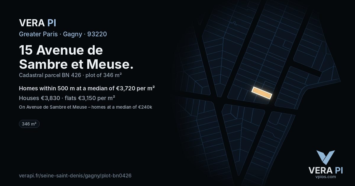 15 Avenue de Sambre et Meuse, Gagny at night – the plot lit, the parcels around coloured by the prices near them