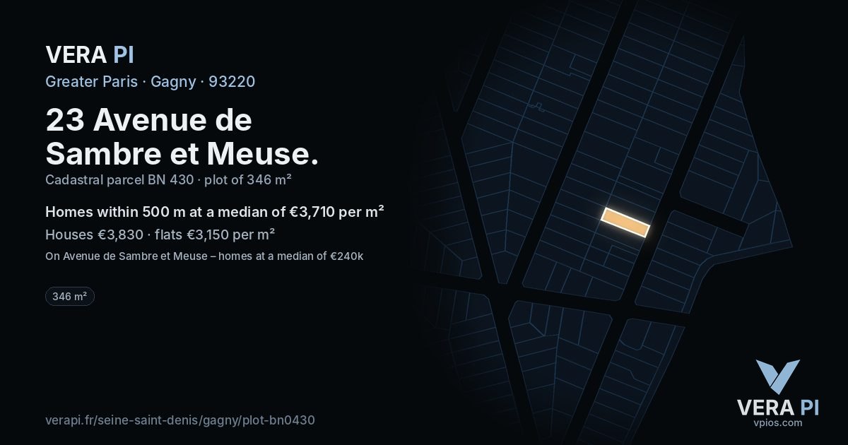 23 Avenue de Sambre et Meuse, Gagny at night – the plot lit, the parcels around coloured by the prices near them