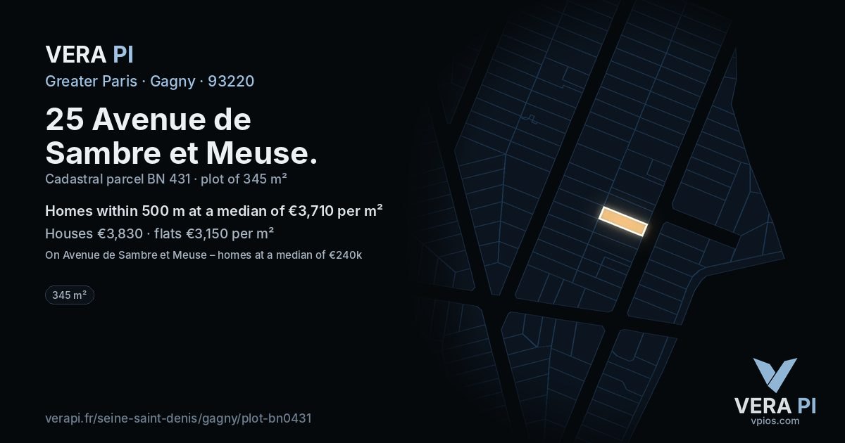 25 Avenue de Sambre et Meuse, Gagny at night – the plot lit, the parcels around coloured by the prices near them