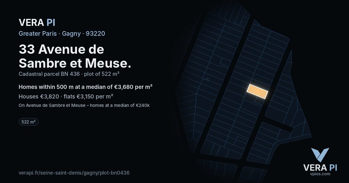 33 Avenue de Sambre et Meuse, Gagny at night – the plot lit, the parcels around coloured by the prices near them