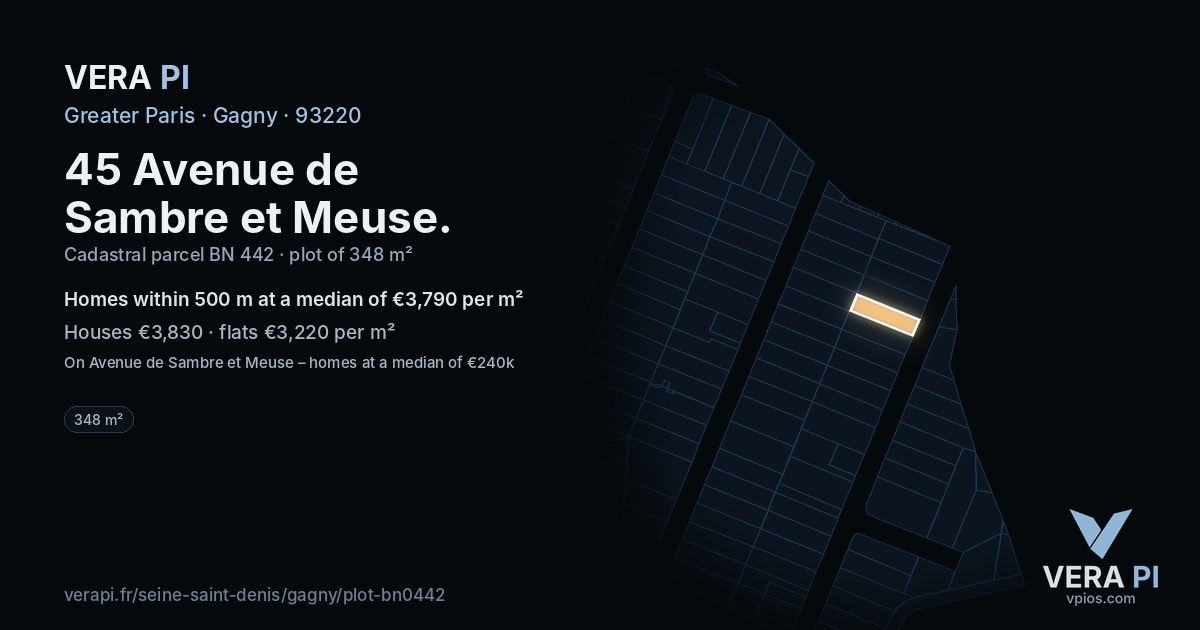 45 Avenue de Sambre et Meuse, Gagny at night – the plot lit, the parcels around coloured by the prices near them