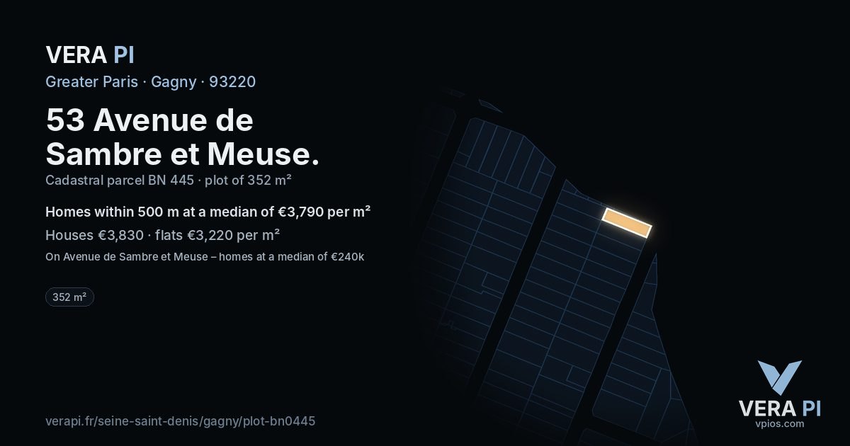 53 Avenue de Sambre et Meuse, Gagny at night – the plot lit, the parcels around coloured by the prices near them