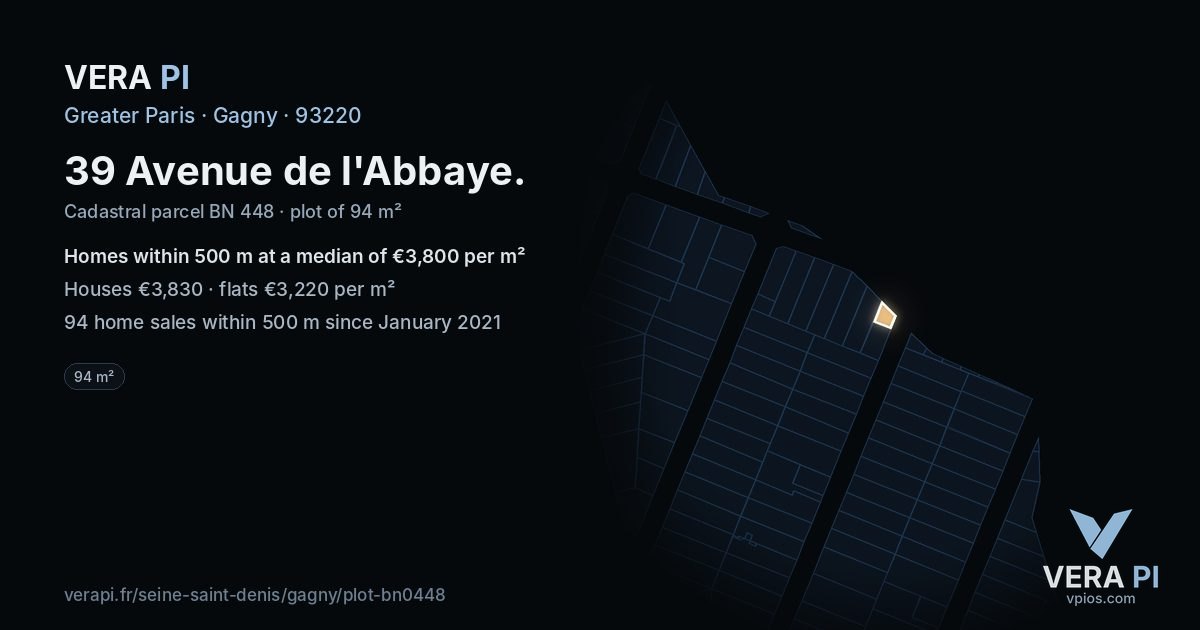 39 Avenue de l'Abbaye, Gagny at night – the plot lit, the parcels around coloured by the prices near them