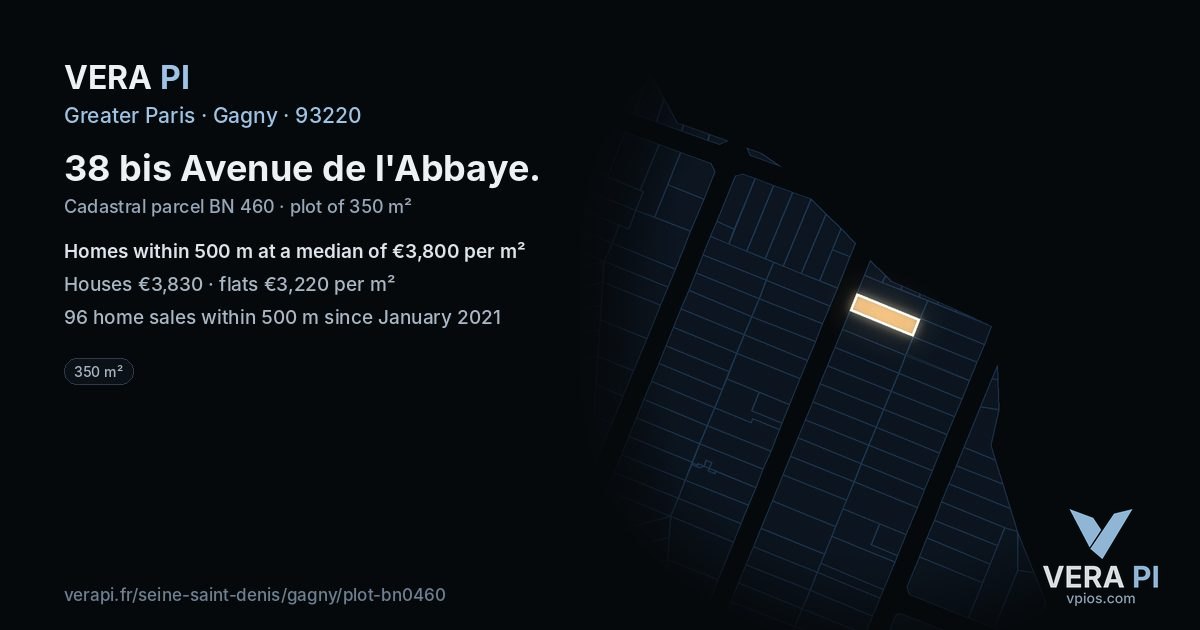 38 bis Avenue de l'Abbaye, Gagny at night – the plot lit, the parcels around coloured by the prices near them