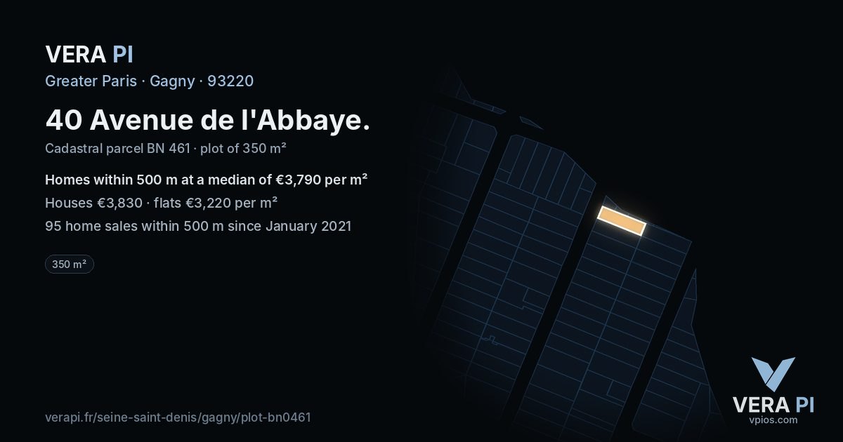 40 Avenue de l'Abbaye, Gagny at night – the plot lit, the parcels around coloured by the prices near them